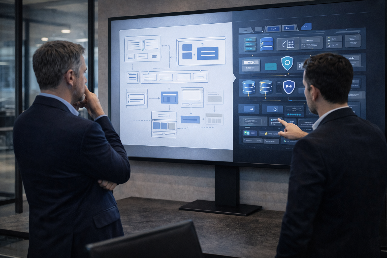 Executive leaders comparing AI-generated prototype architecture with enterprise production infrastructure.
